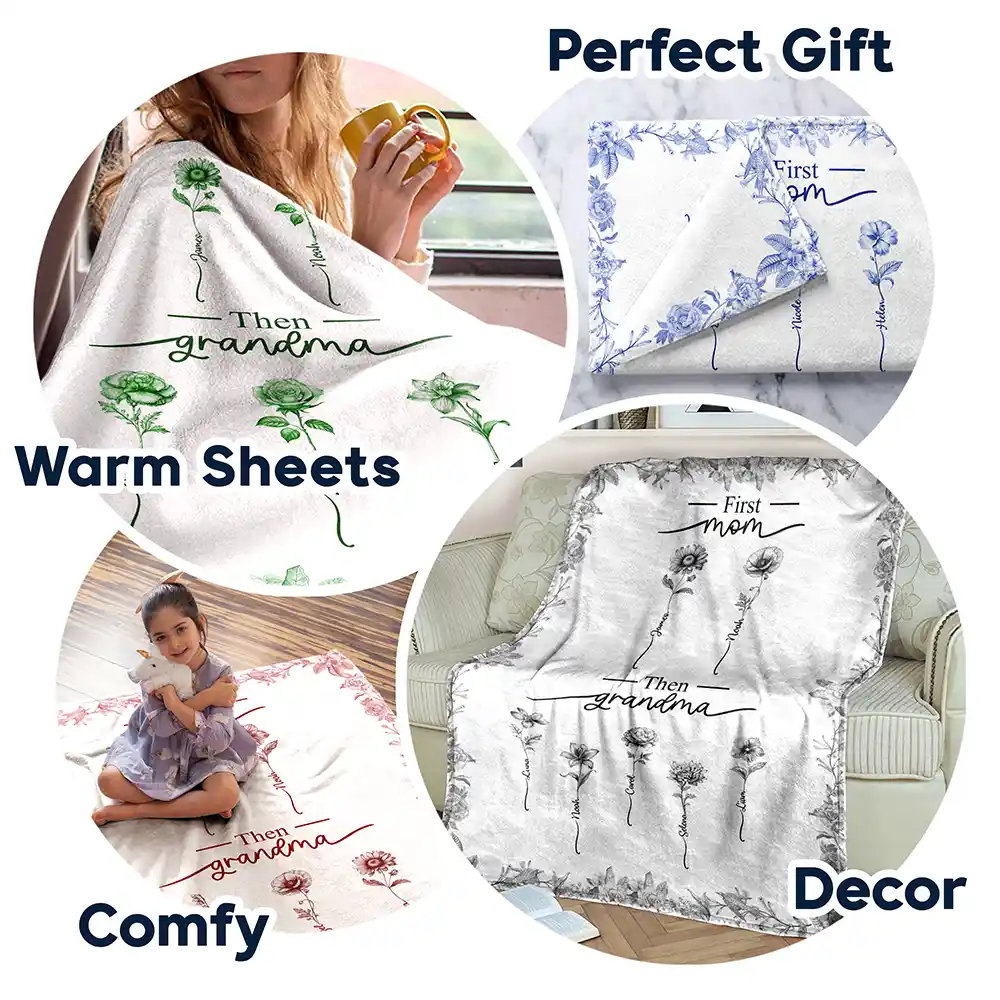 First Mom Then Grandma Birth Month Flower Chinoiserie Toile - Personalized Fleece Blanket, Sherpa Blanket - Image 7