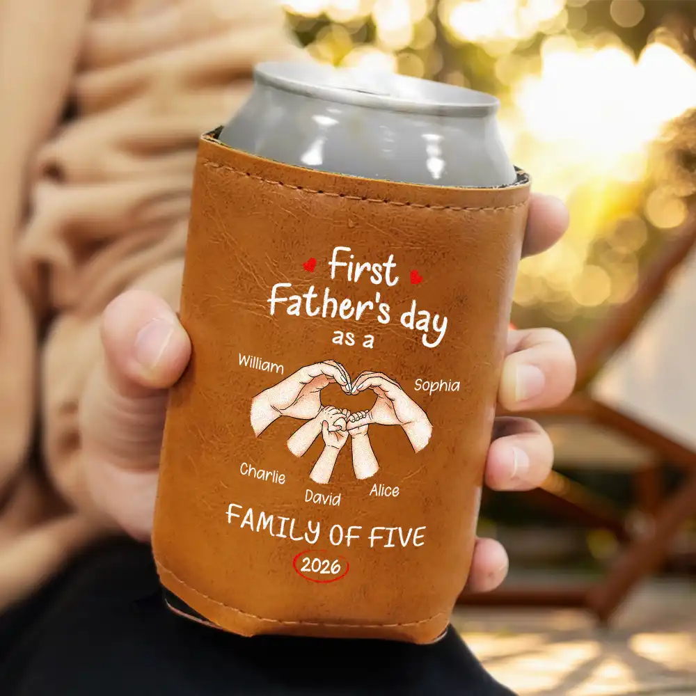 First Time Ever As A Family Of Three - Personalized Leather Can Cooler - Image 3