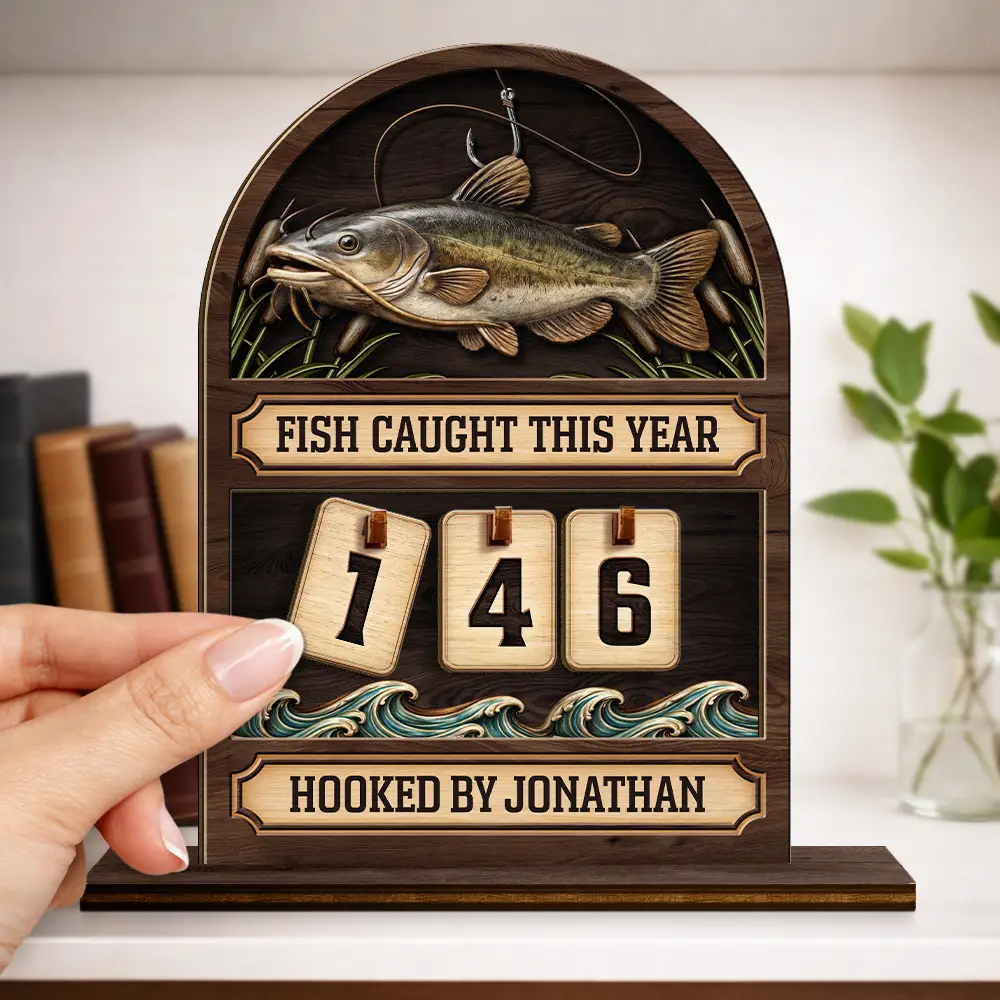 Fish Caught This Year Just One More Cast - Personalized 2-Layered Wooden Tracker Sign - Image 3