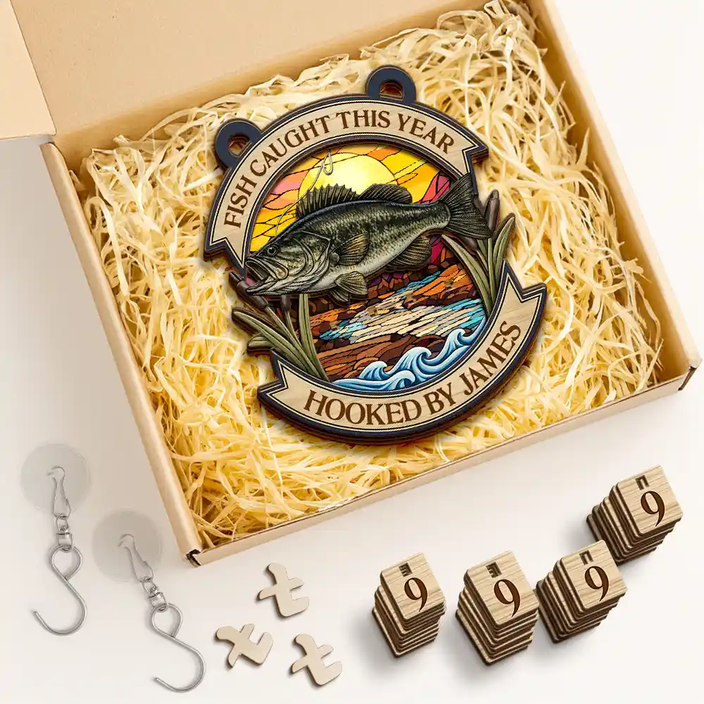Fish Caught This Year Stained Glass Background- Personalized Hanging Tracker Sign - Image 2