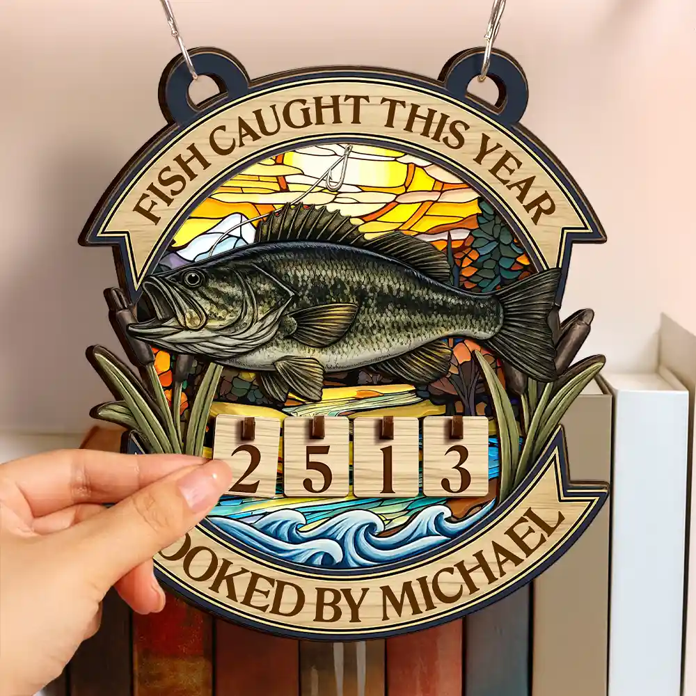 Fish Caught This Year Stained Glass Background- Personalized Hanging Tracker Sign - Image 3