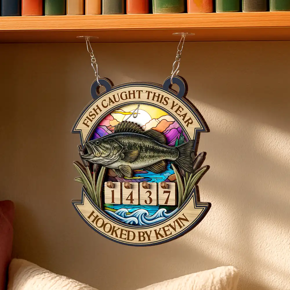 Fish Caught This Year Stained Glass Background- Personalized Hanging Tracker Sign - Image 4