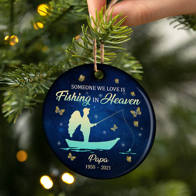 Fishing In Heaven - Memorial Gift - Personalized Custom Circle Ceramic Ornament - Image 3
