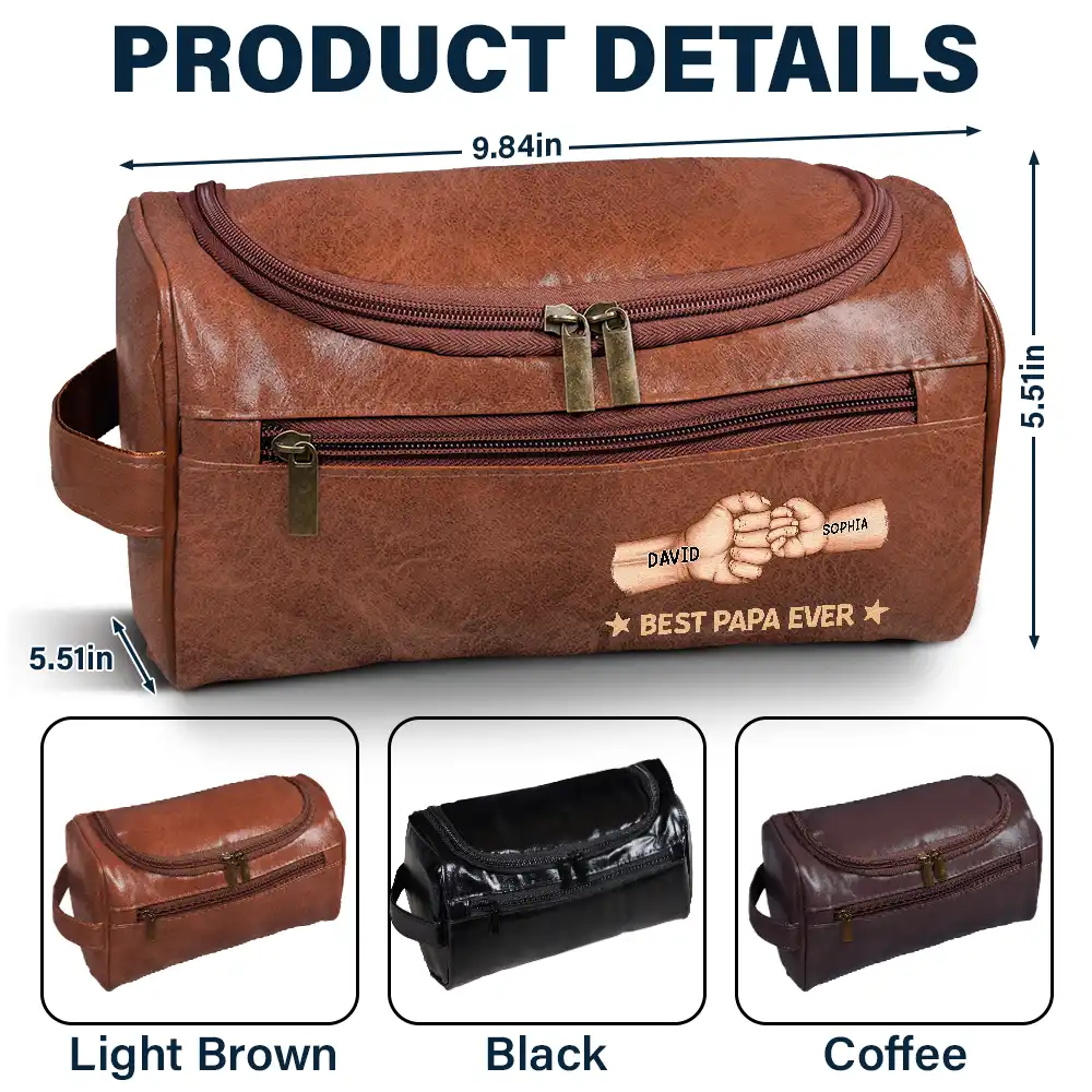 Fist Bump Best Dad Grandpa Papa Ever - Personalized Leather Toiletry Bag - Image 5