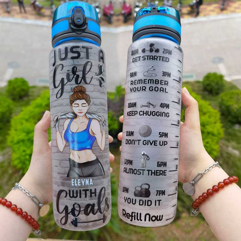 Fitness Girl Just A Girl With Goals - Gift For Gymer - Personalized Custom Water Tracker Bottle - Image 4