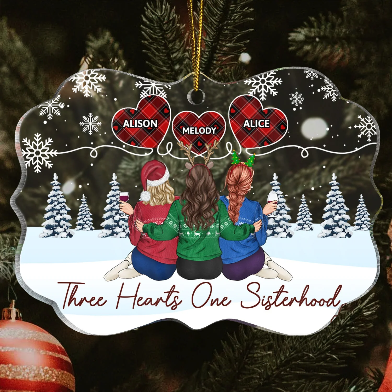 Five Hearts One Sisterhood - Christmas Gifts For Sisters, Besties - Personalized Medallion Acrylic Ornament - Image 3