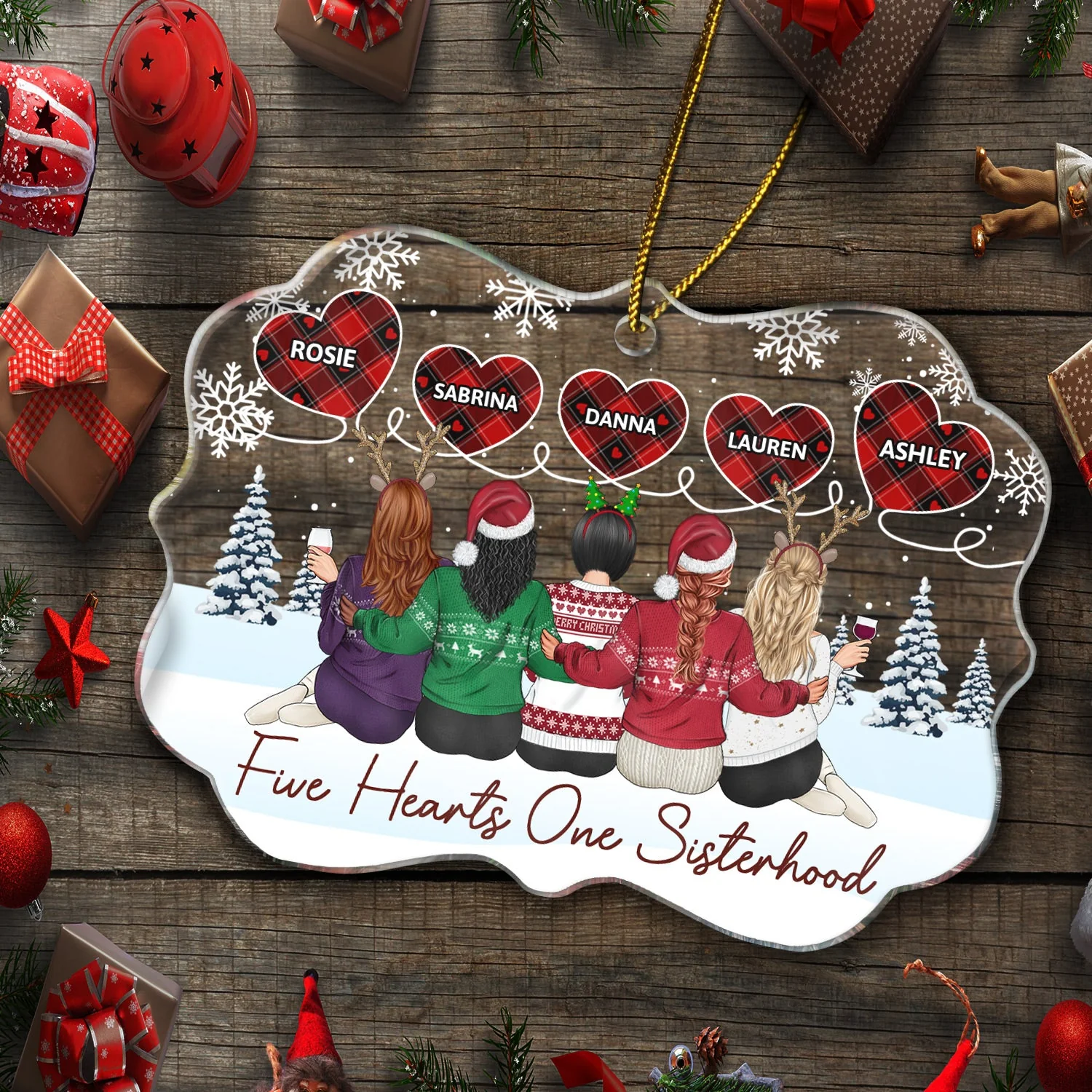 Five Hearts One Sisterhood - Christmas Gifts For Sisters, Besties - Personalized Medallion Acrylic Ornament - Image 5
