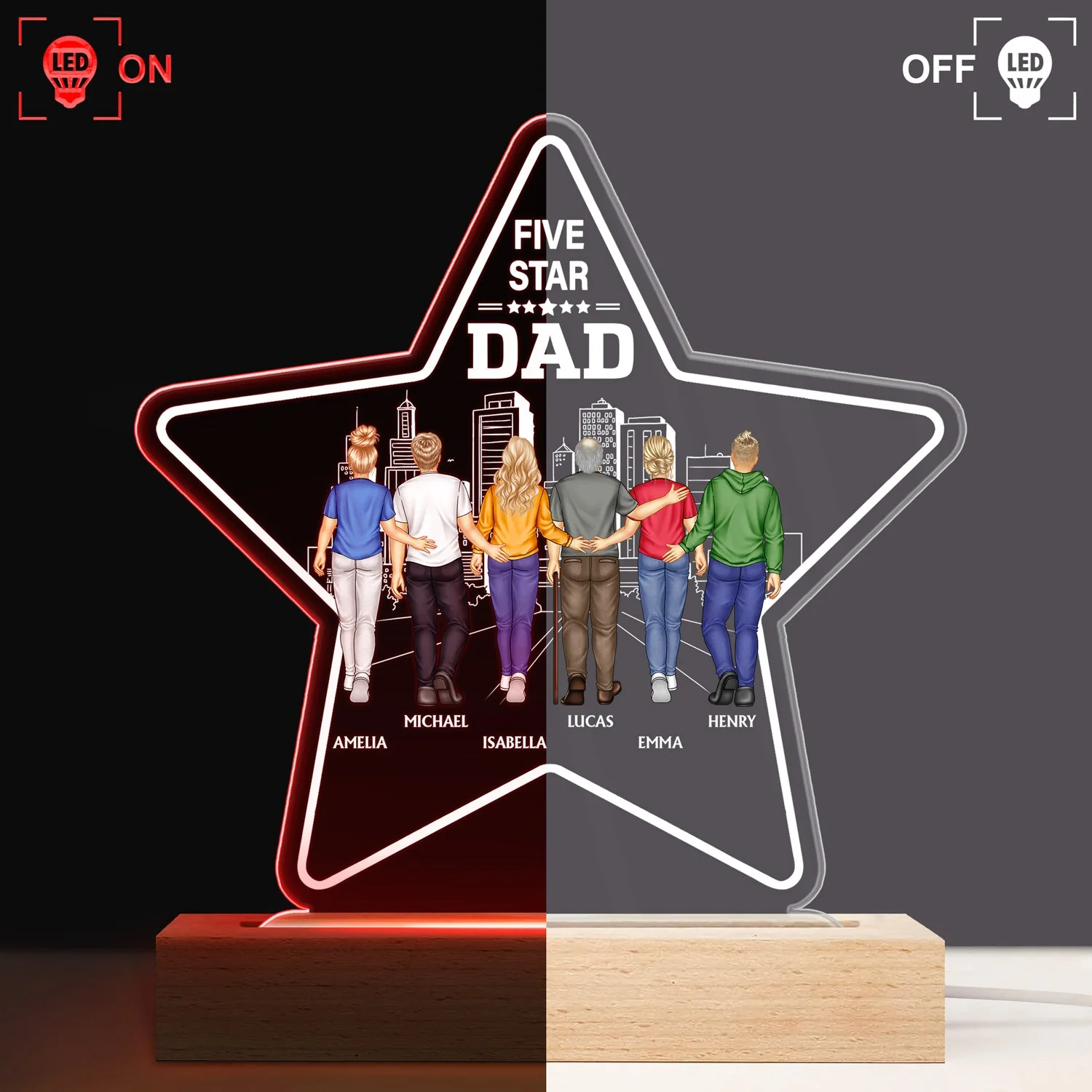 Five - Star Dad - Gift For Fathers - Personalized 3D Led Light Wooden Base - Image 3