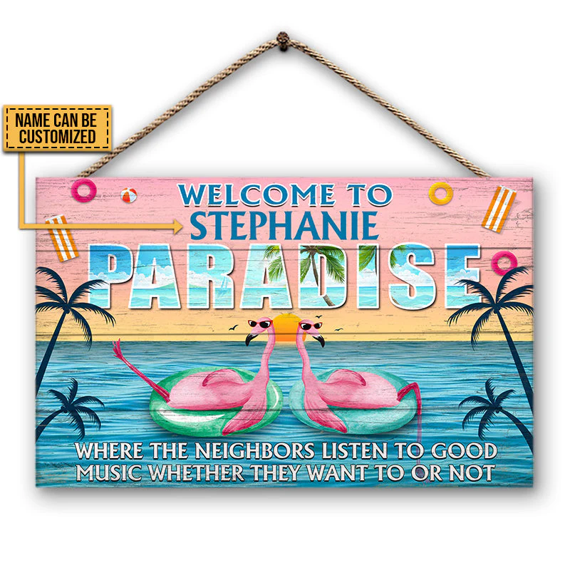 Flamingo Paradise Welcome To Where Neighbors Custom Wood Rectangle Sign - Image 3