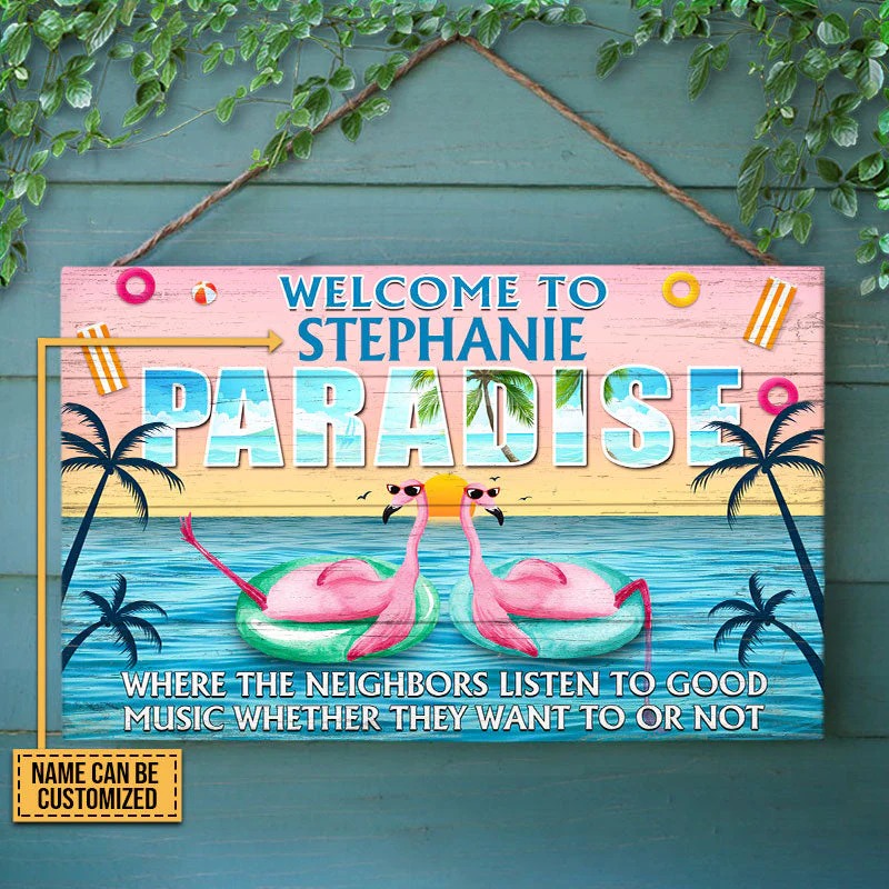 Flamingo Paradise Welcome To Where Neighbors Custom Wood Rectangle Sign - Image 4