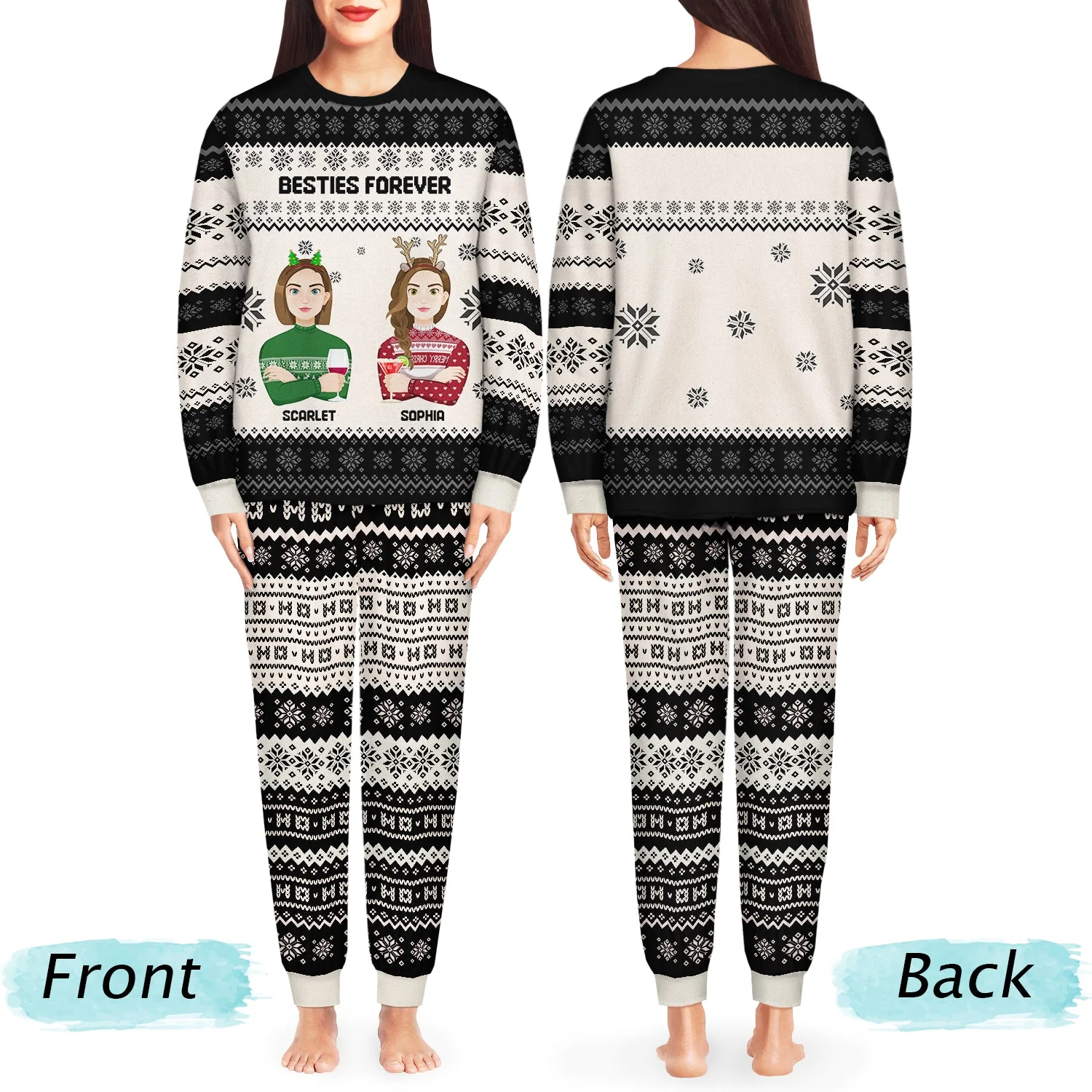 Flat Art - Christmas, Funny Gift For Family, Couple, Dad, Mom, Grandpa, Grandma - Personalized Unisex Pajamas Set - Image 3