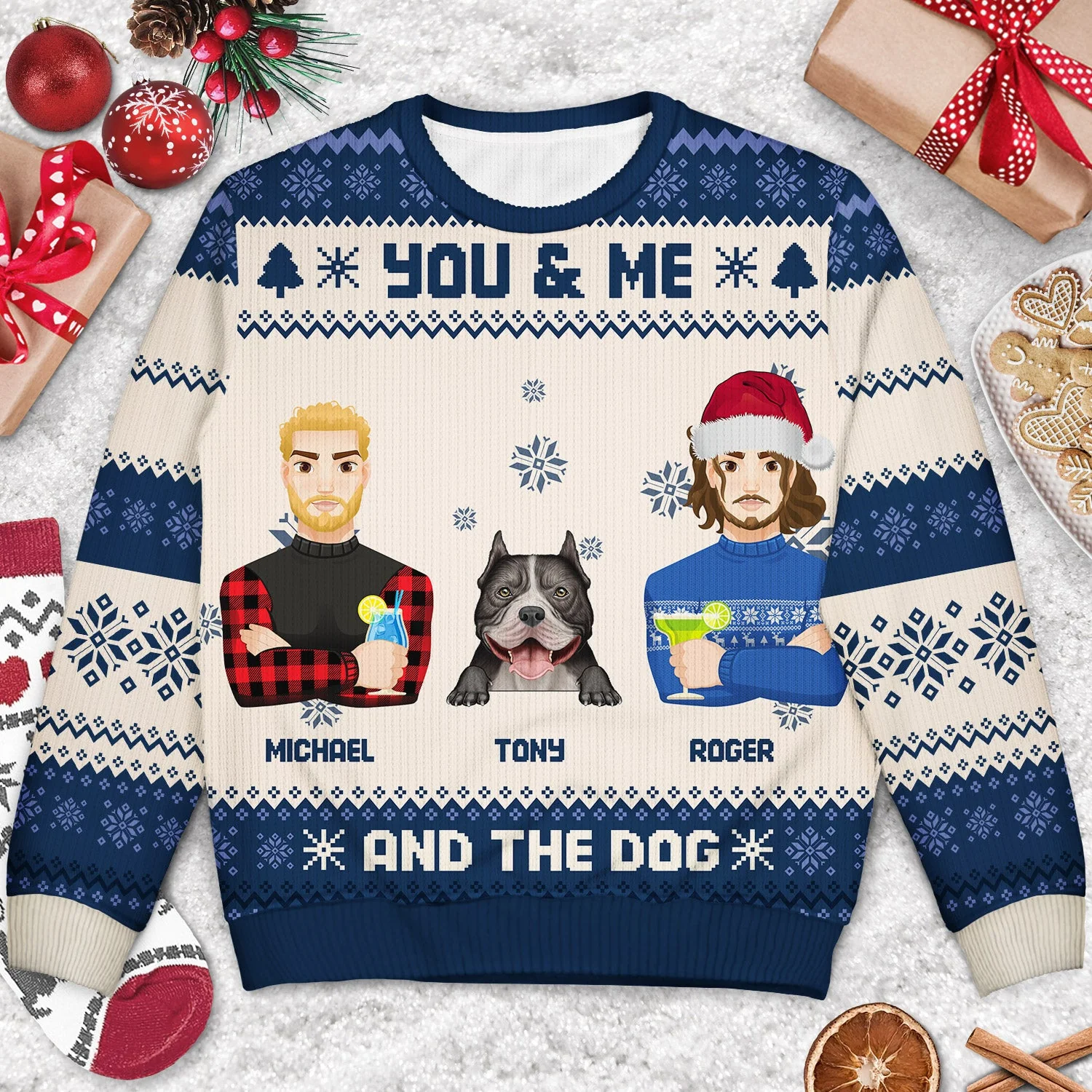 Flat Art Couple Or Single With Pets - Christmas Gift For Pet Lover, Cat Dad, Dog Mom - Personalized Unisex Ugly Sweater - Image 3