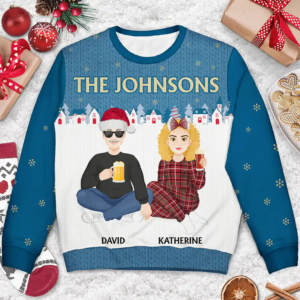 Flat Art Family Sitting Winter Neighborhood - Personalized Unisex Ugly Sweater - Image 3