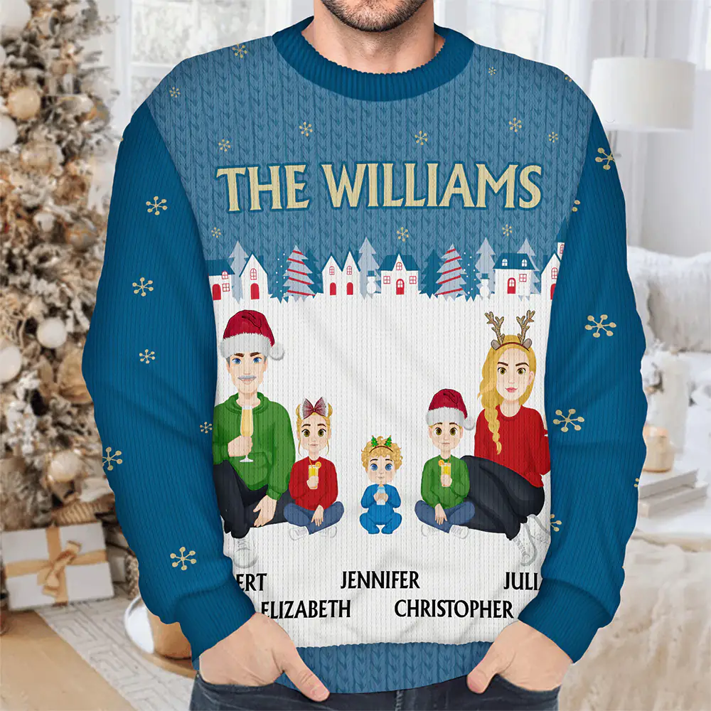 Flat Art Family Sitting Winter Neighborhood - Personalized Unisex Ugly Sweater - Image 4