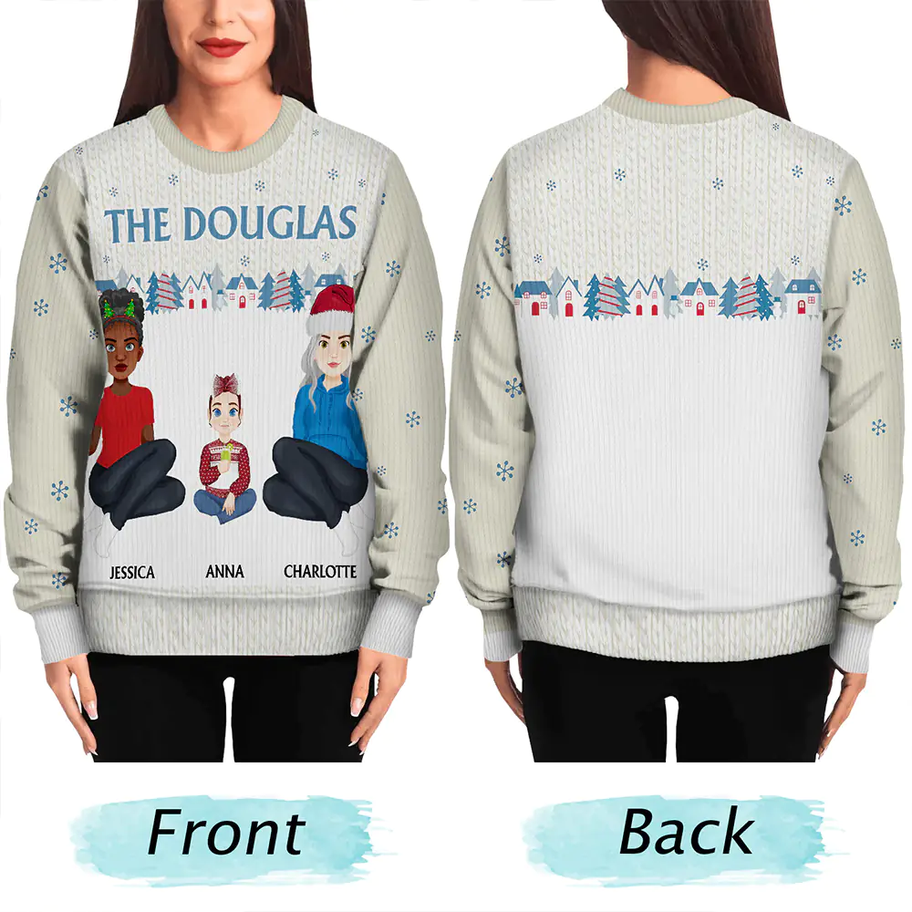 Flat Art Family Sitting Winter Neighborhood - Personalized Unisex Ugly Sweater - Image 5