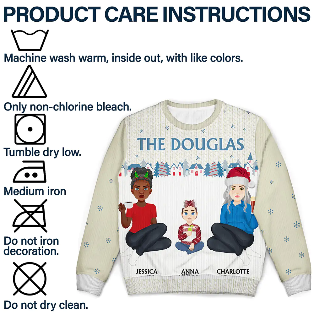 Flat Art Family Sitting Winter Neighborhood - Personalized Unisex Ugly Sweater - Image 7