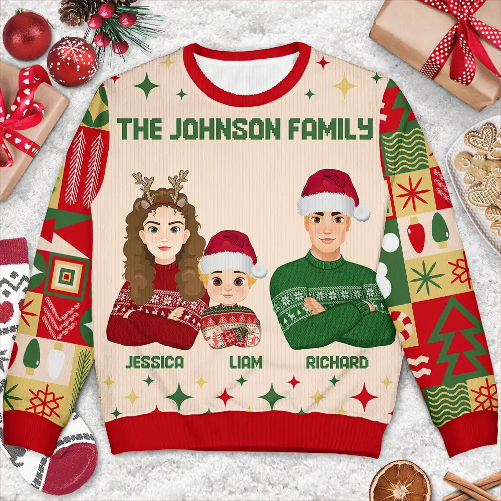 Flat Art Family Square Pattern Winter Christmas Tree - Personalized Unisex Ugly Sweater - Image 3