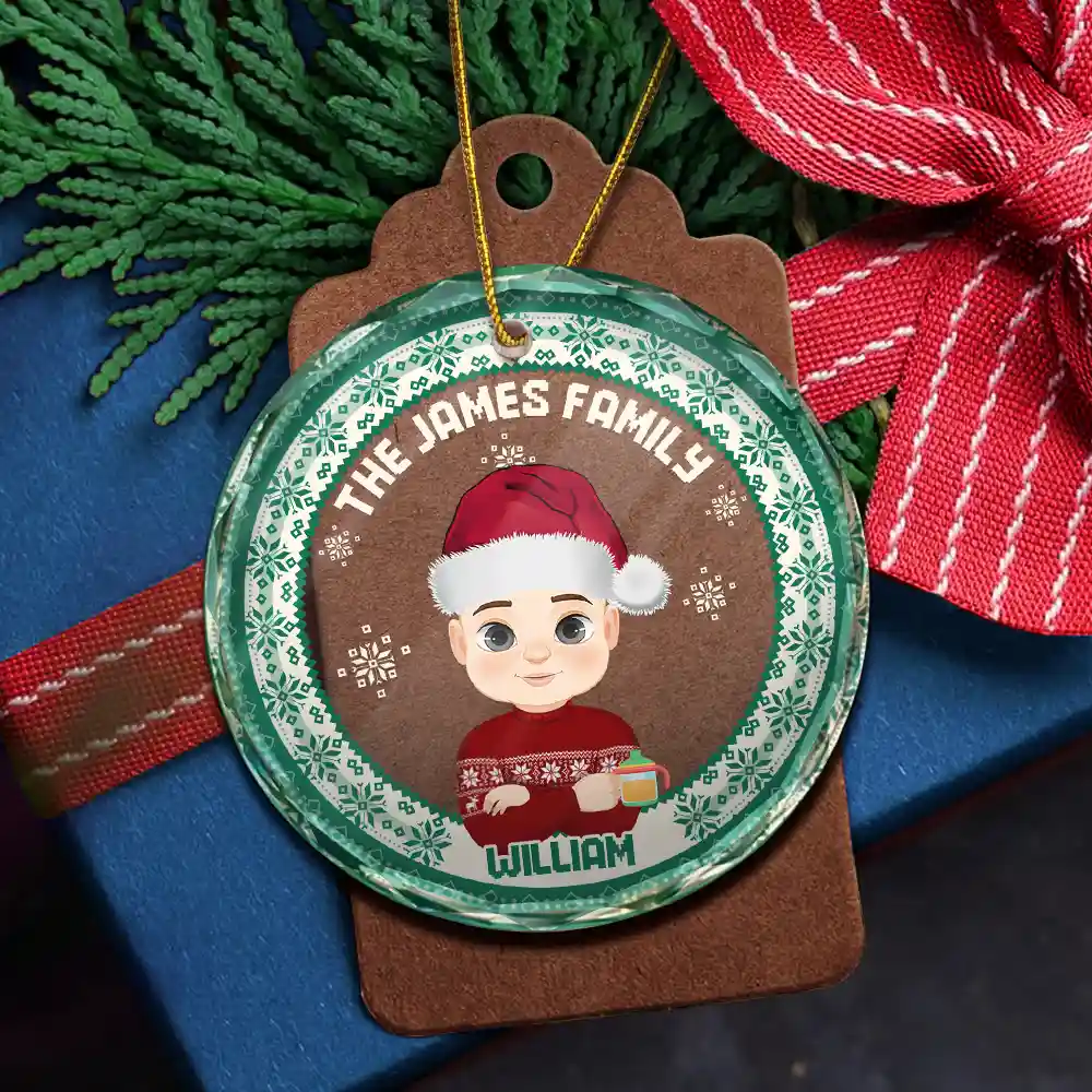 Flat Art Family Sweater Pattern - Personalized Circle Glass Ornament - Image 5