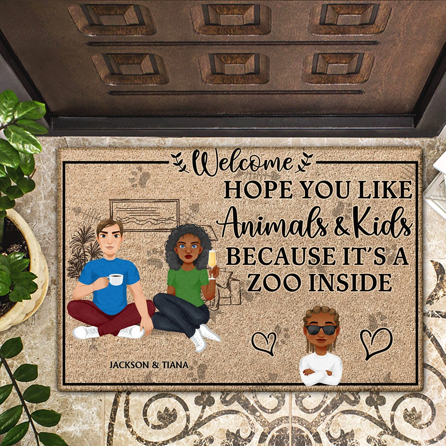 Flat Art Hope You Like Animals And Kids - Anniversary, Birthday, Home Decor Gift For Couple, Family - Personalized Doormat - Image 2