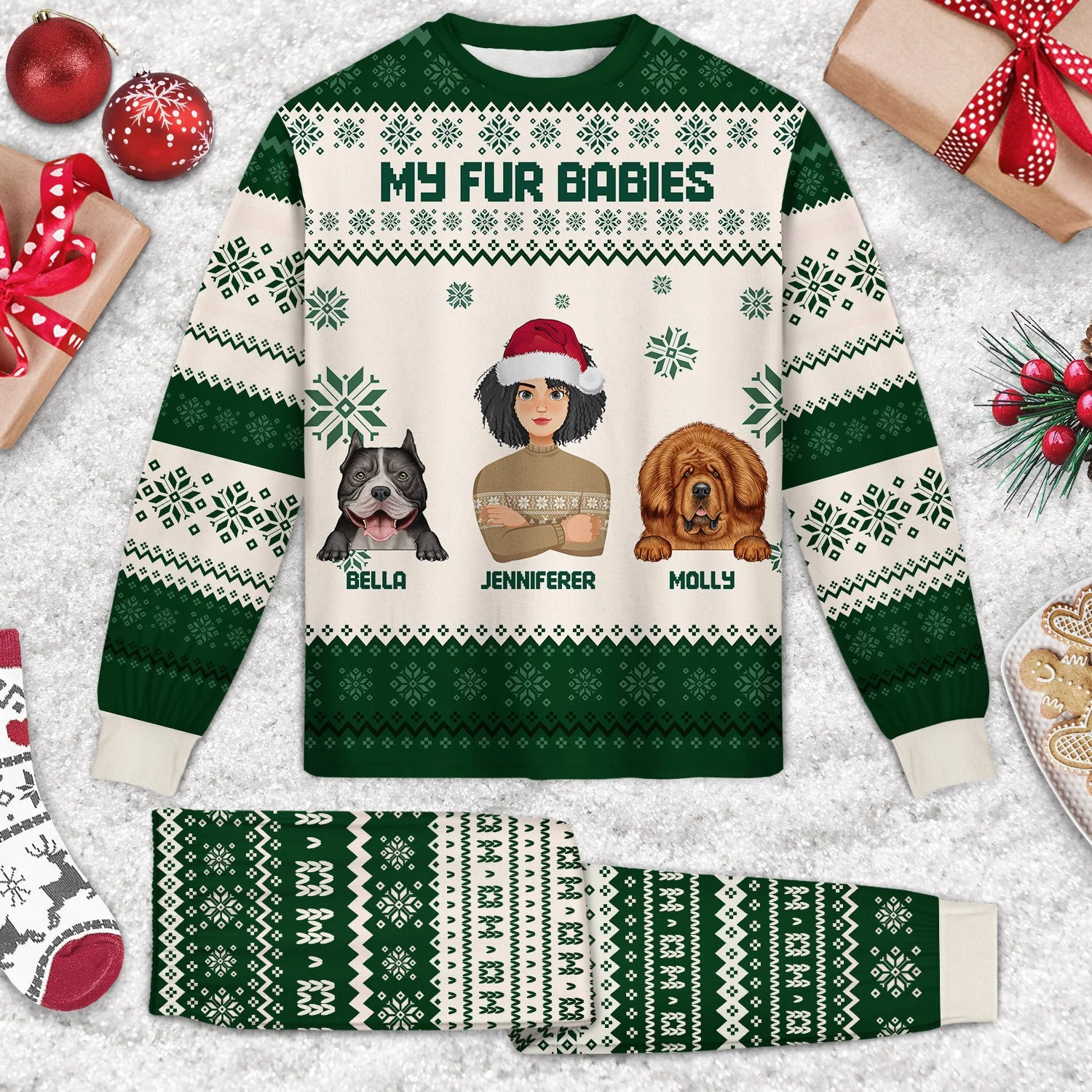 Flat Art Semi-real Pet - Christmas, Funny Gift For Family, Couple, Parents, Grandparents, Dog, Cat Lovers - Personalized Unisex Pajamas Set - Image 2