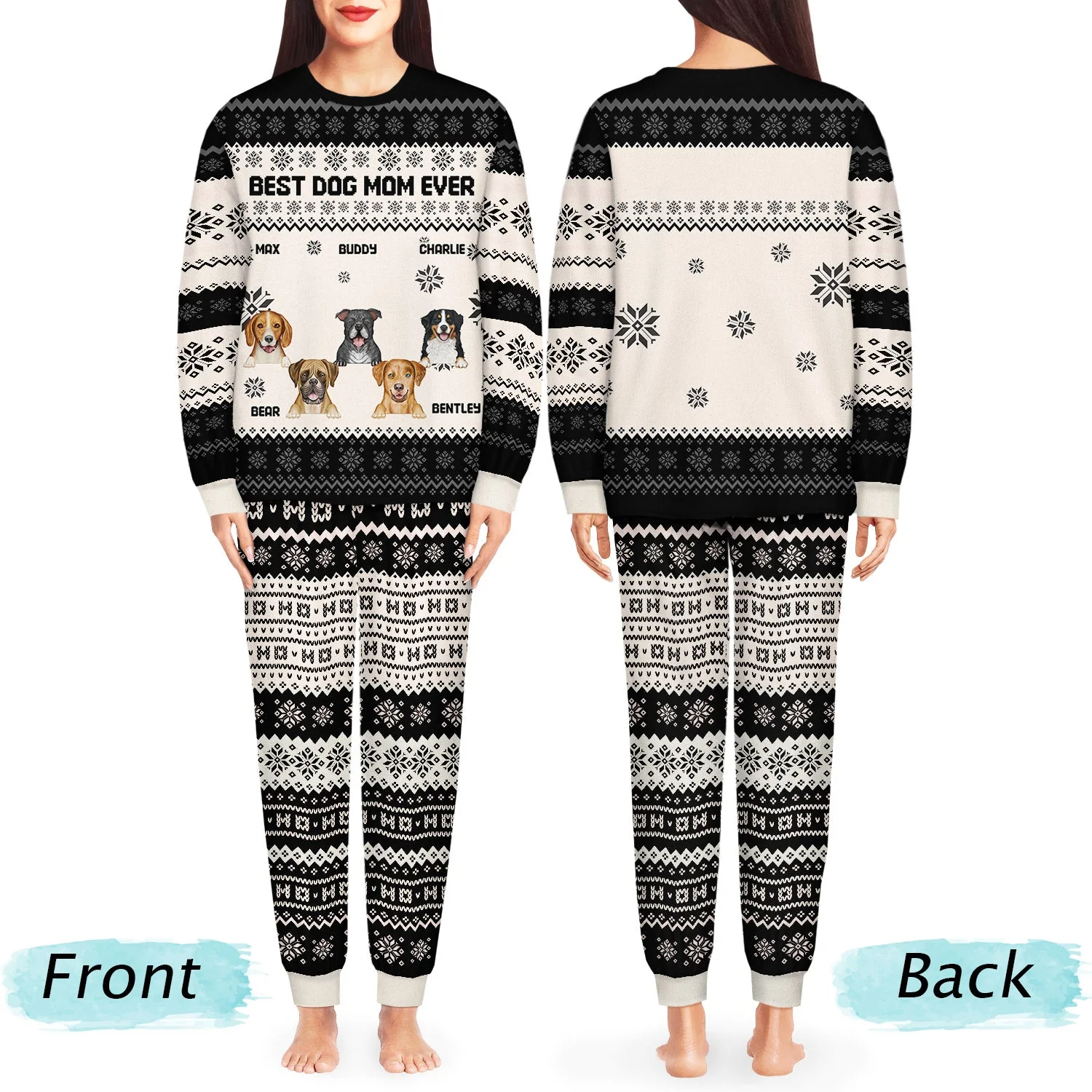 Flat Art Semi-real Pet - Christmas, Funny Gift For Family, Couple, Parents, Grandparents, Dog, Cat Lovers - Personalized Unisex Pajamas Set - Image 3