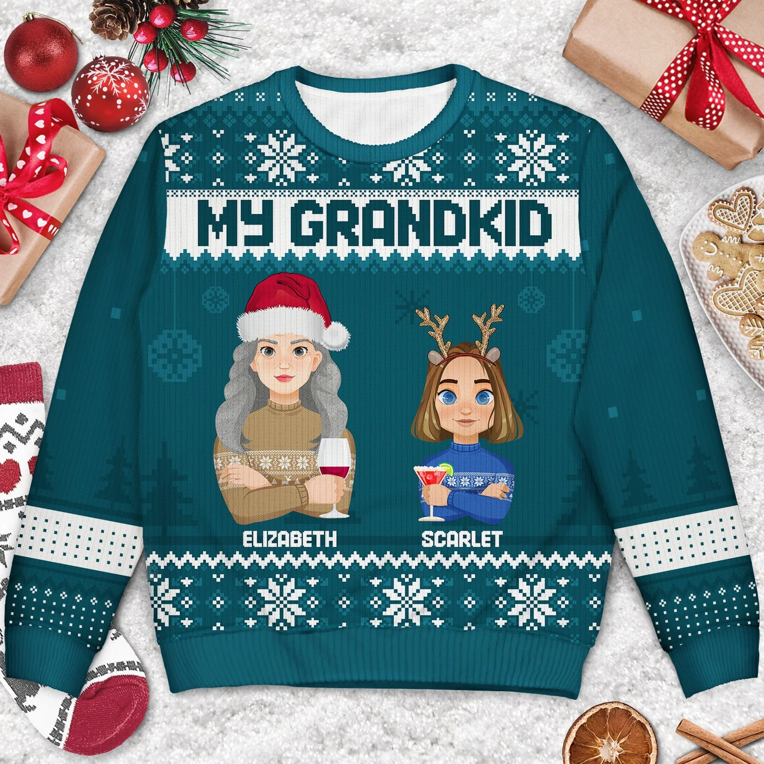 Flat Art Version 2 - Christmas, Funny Gift For Family, Couple, Dad, Mom, Grandpa, Grandma - Personalized Unisex Ugly Sweater - Image 3