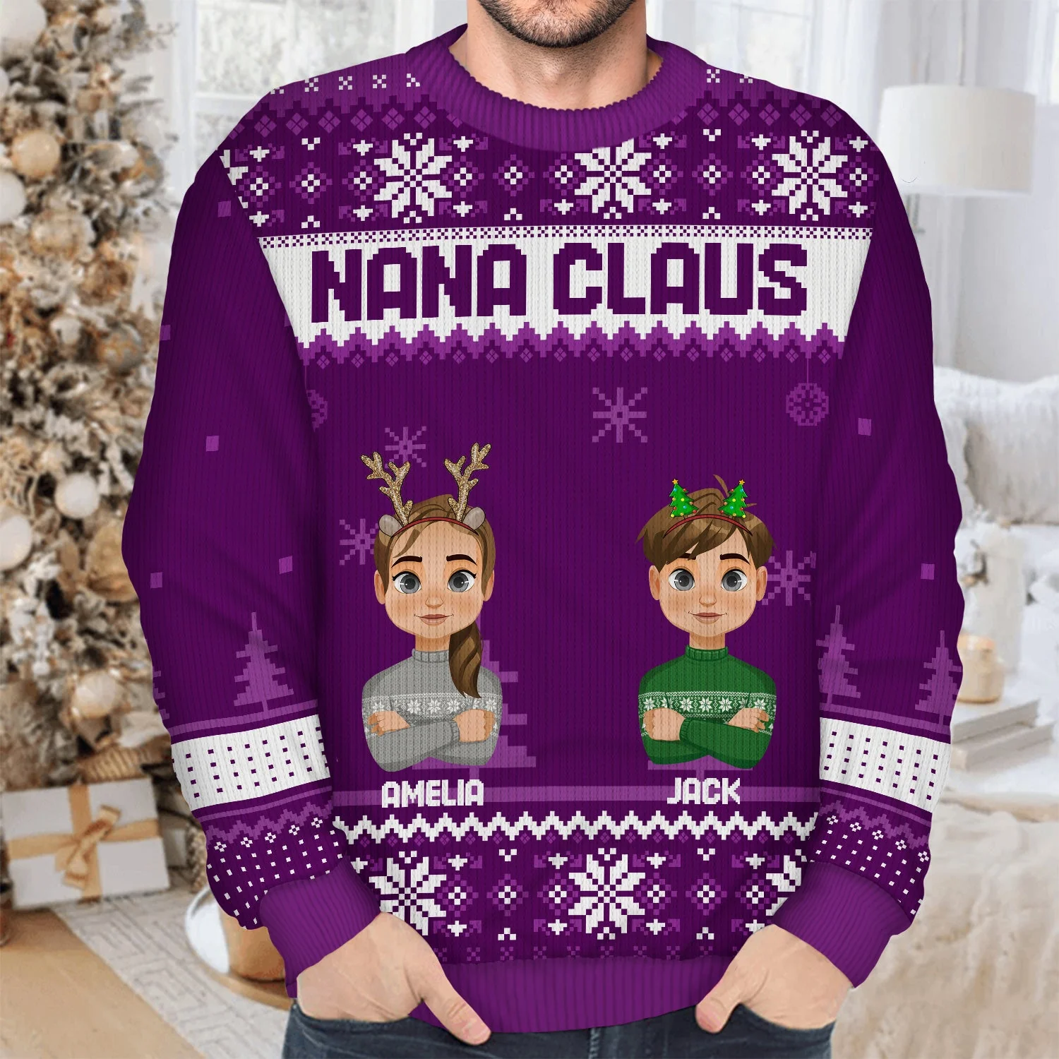 Flat Art Version 2 Semi-real Pet - Christmas, Funny Gift For Family, Couple, Dad, Mom, Grandpa, Grandma - Personalized Unisex Ugly Sweater - Image 4