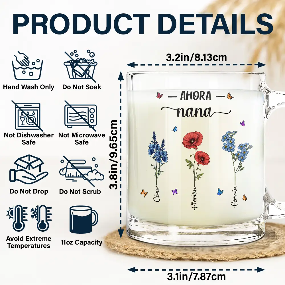 Flor De Nacimiento Primero Mamá Ahora Abuela - Taza De Vidrio Personalizada - Image 5