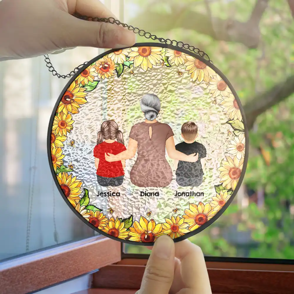 Floral Frame Grandma Mother And Children - Personalized Stained Glass Window Hanging Suncatcher - Image 5