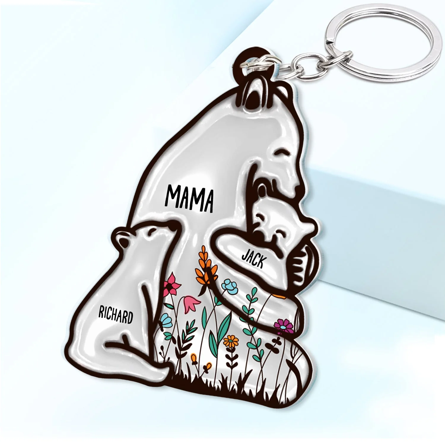 Floral Mama Bear - Birthday, Loving Gift For Mom, Mother, Grandmother, Grandma - Personalized Cutout Acrylic Keychain - Image 2