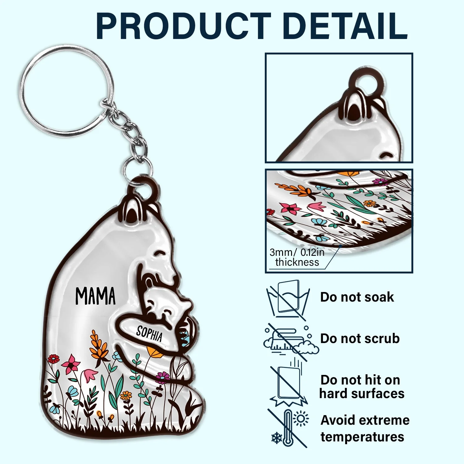 Floral Mama Bear - Birthday, Loving Gift For Mom, Mother, Grandmother, Grandma - Personalized Cutout Acrylic Keychain - Image 5