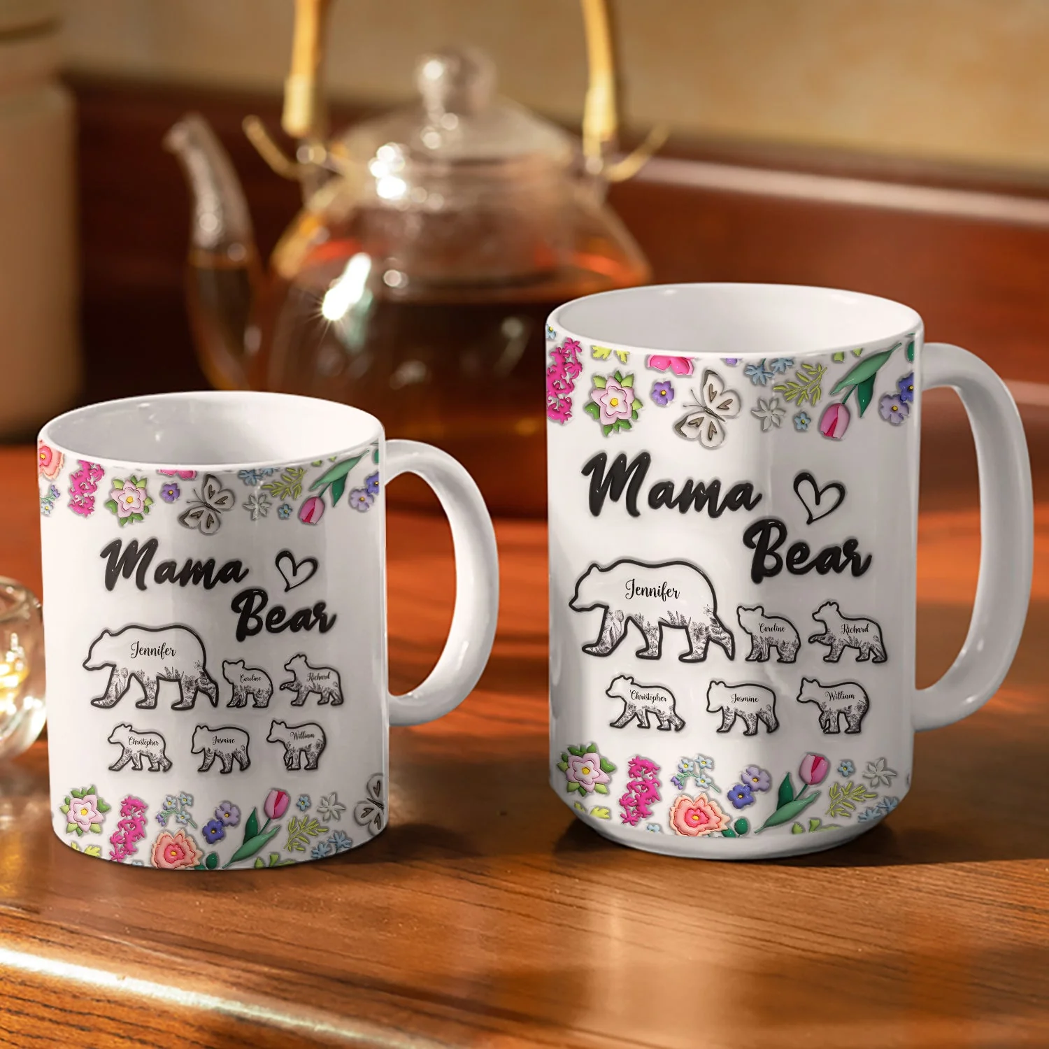 Floral Mama Bear - Gift For Mother - 3D Inflated Effect Printed Mug, Personalized White Edge-to-Edge Mug - Image 3