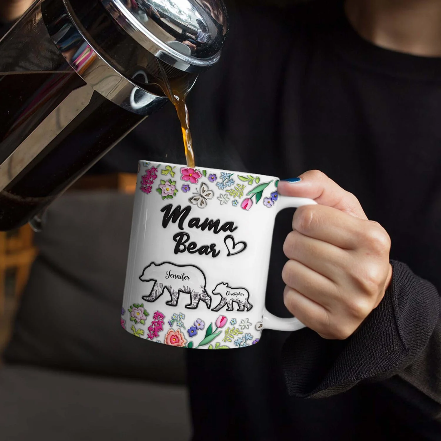 Floral Mama Bear - Gift For Mother - 3D Inflated Effect Printed Mug, Personalized White Edge-to-Edge Mug - Image 4