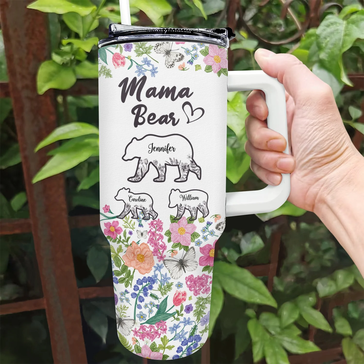Floral Mama Bear - Gift For Mother - Personalized 40oz Tumbler With Straw - Image 2
