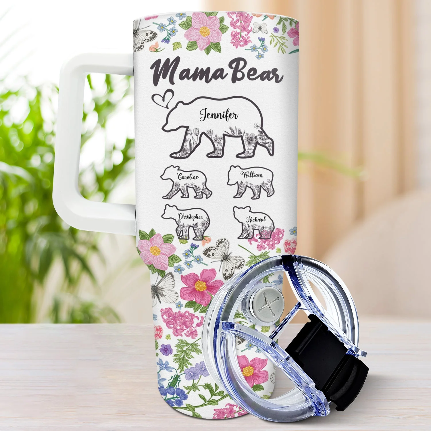 Floral Mama Bear - Gift For Mother - Personalized 40oz Tumbler With Straw - Image 3