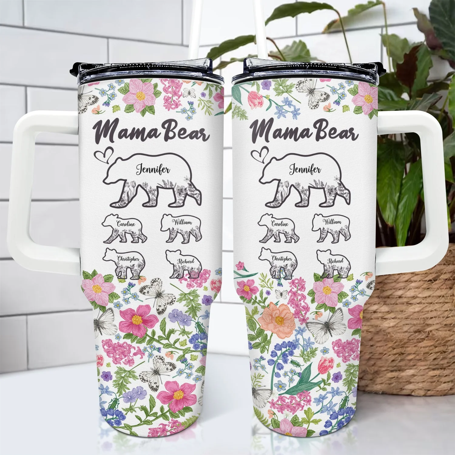 Floral Mama Bear - Gift For Mother - Personalized 40oz Tumbler With Straw - Image 4