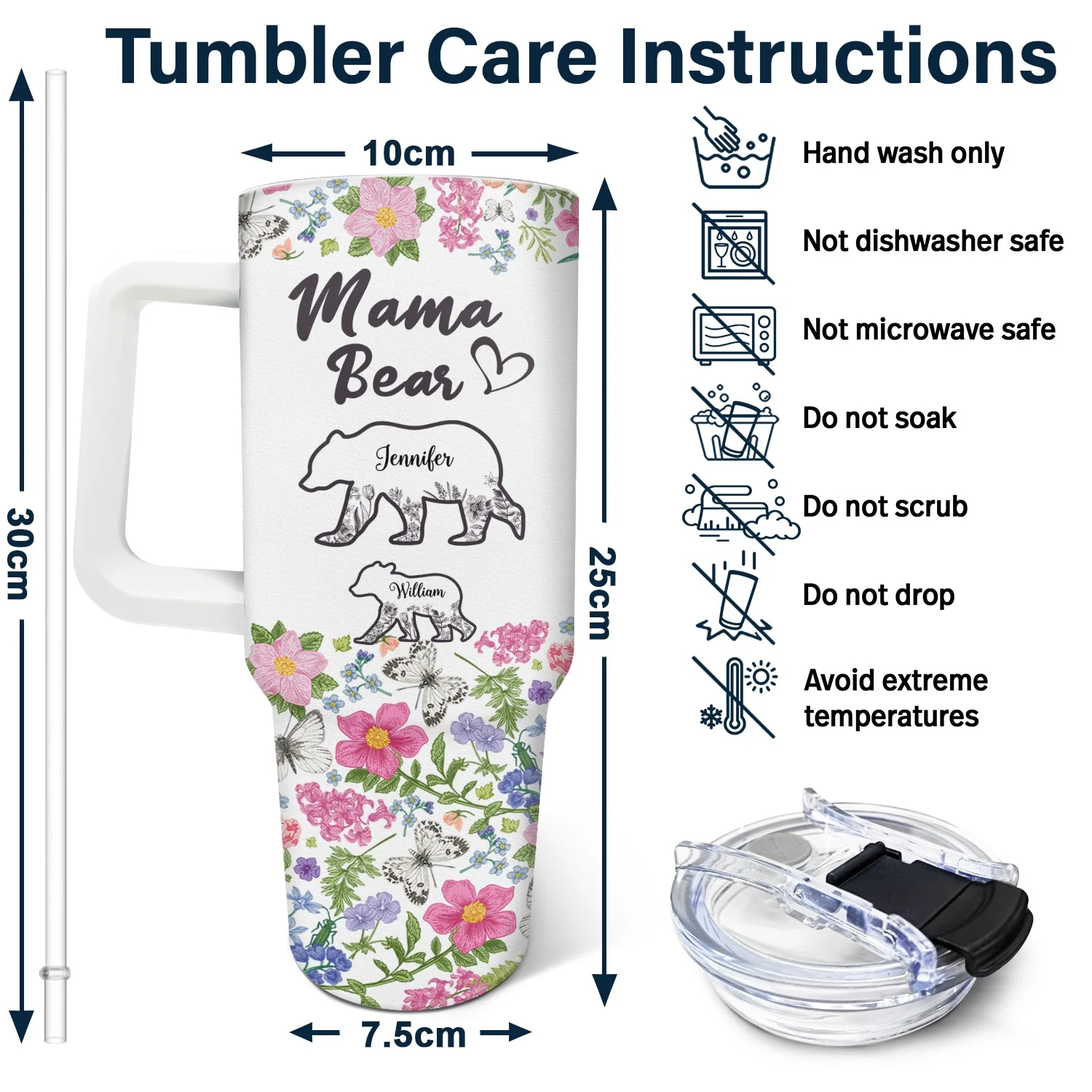 Floral Mama Bear - Gift For Mother - Personalized 40oz Tumbler With Straw - Image 6