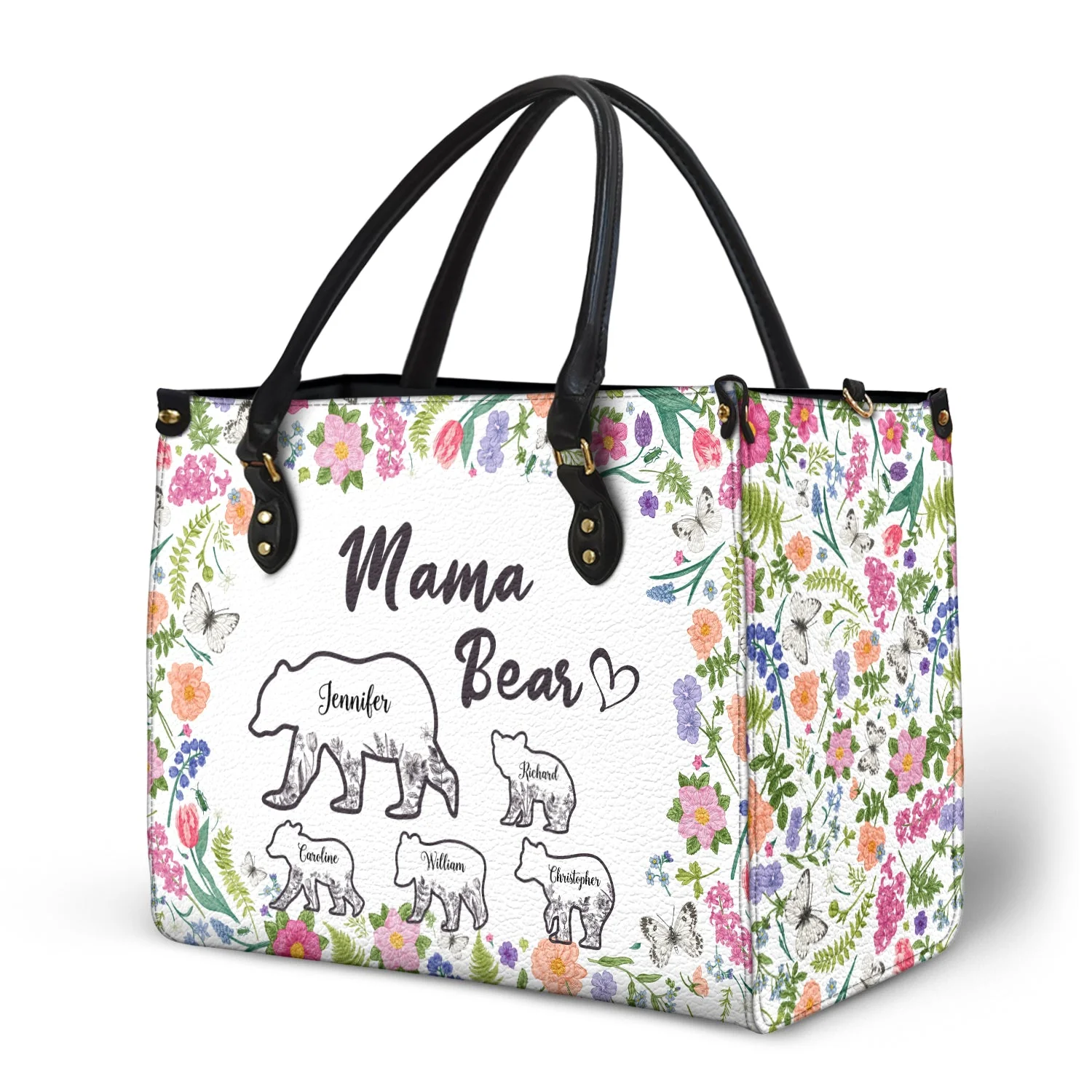 Floral Mama Bear - Gift For Mother - Personalized Leather Bag - Image 2