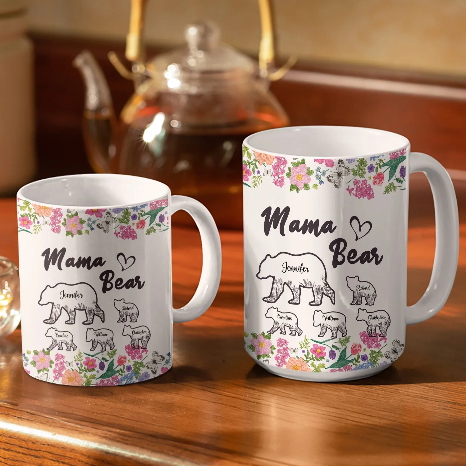 Floral Mama Bear - Gift For Mother - Personalized White Edge-to-Edge Mug - Image 3