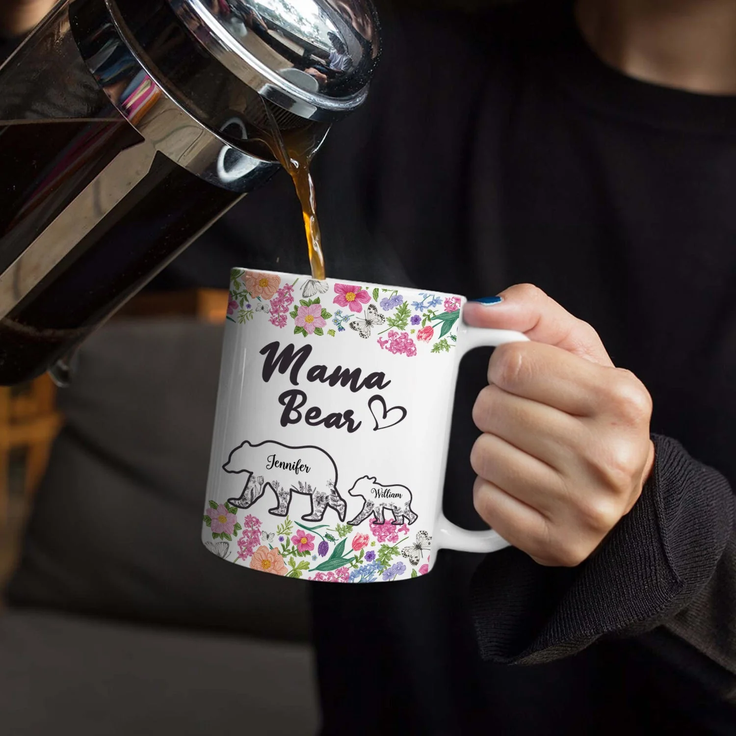 Floral Mama Bear - Gift For Mother - Personalized White Edge-to-Edge Mug - Image 4