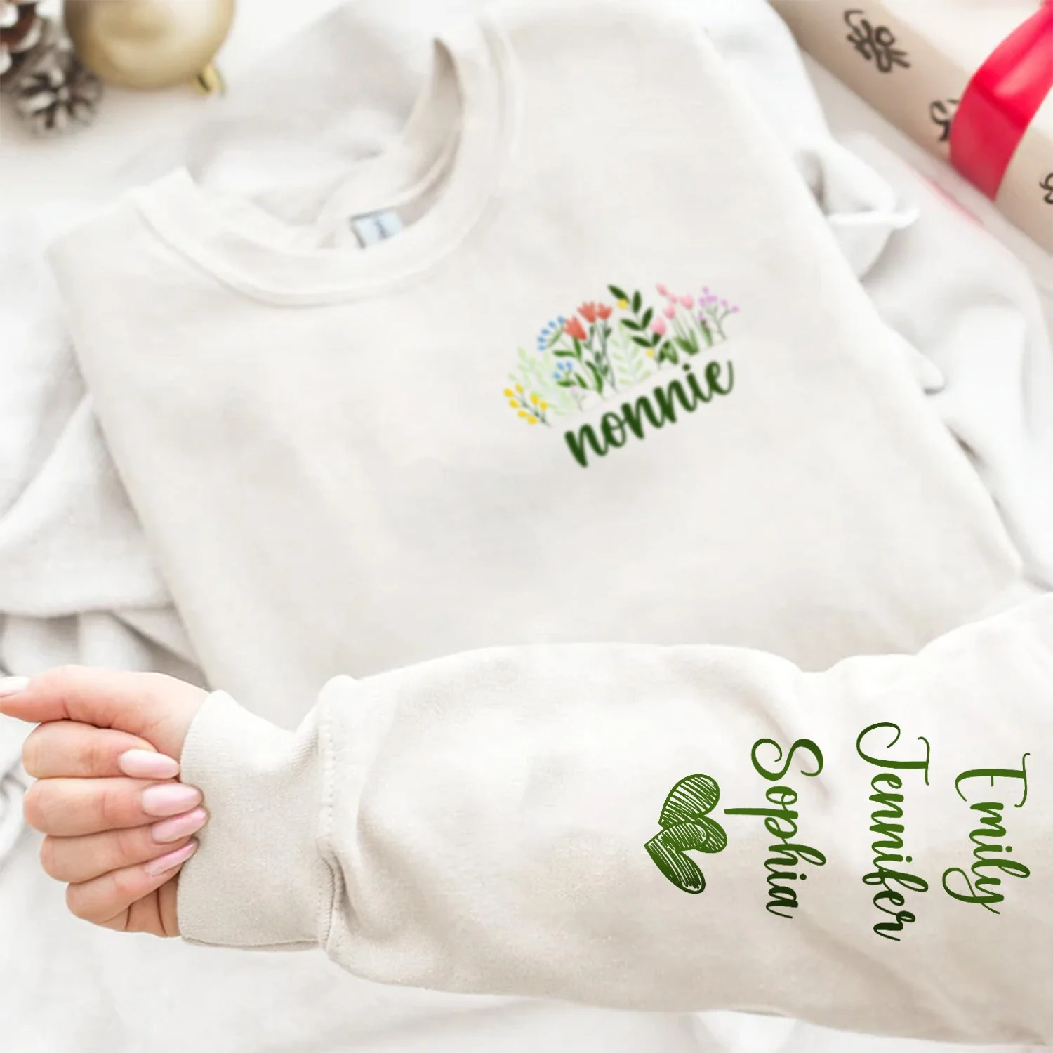 Floral Mama Title - Birthday, Loving Gift For Mom, Mother, Grandma, Grandmother - Personalized Unisex Sweatshirt With Design On Sleeve - Image 4