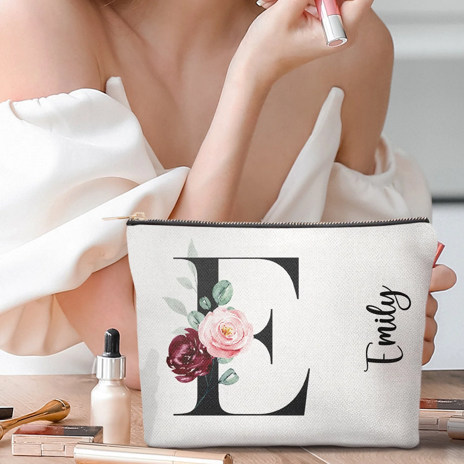 Floral Monogram - Gift For Her, Women - Personalized Cosmetic Bag - Image 2