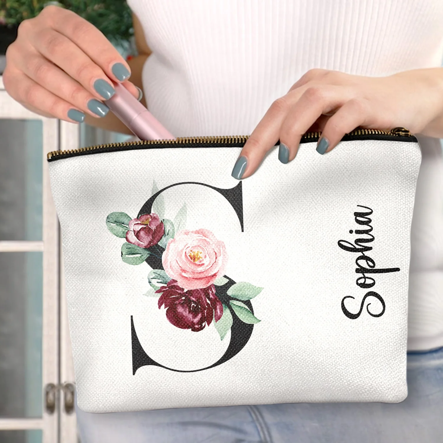 Floral Monogram - Gift For Her, Women - Personalized Cosmetic Bag - Image 3