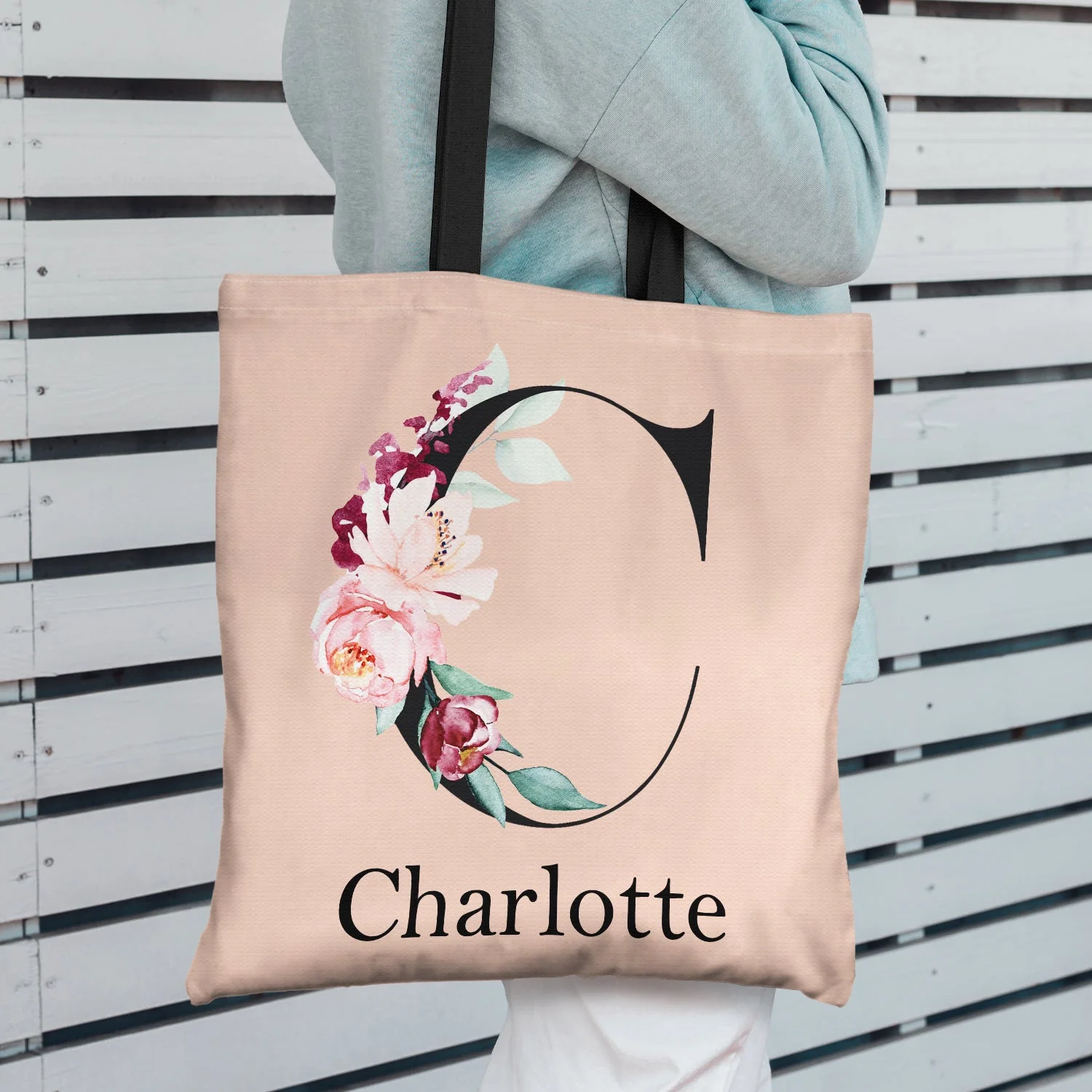 Floral Monogram Style 1 - Gift For Her - Personalized Zippered Canvas Bag - Image 3