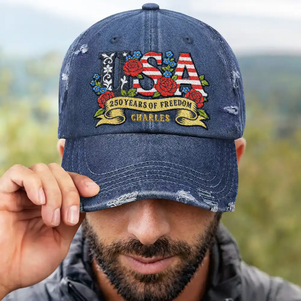 Floral USA 250th Anniversary - Personalized Embroidered Distressed Cap - Image 4