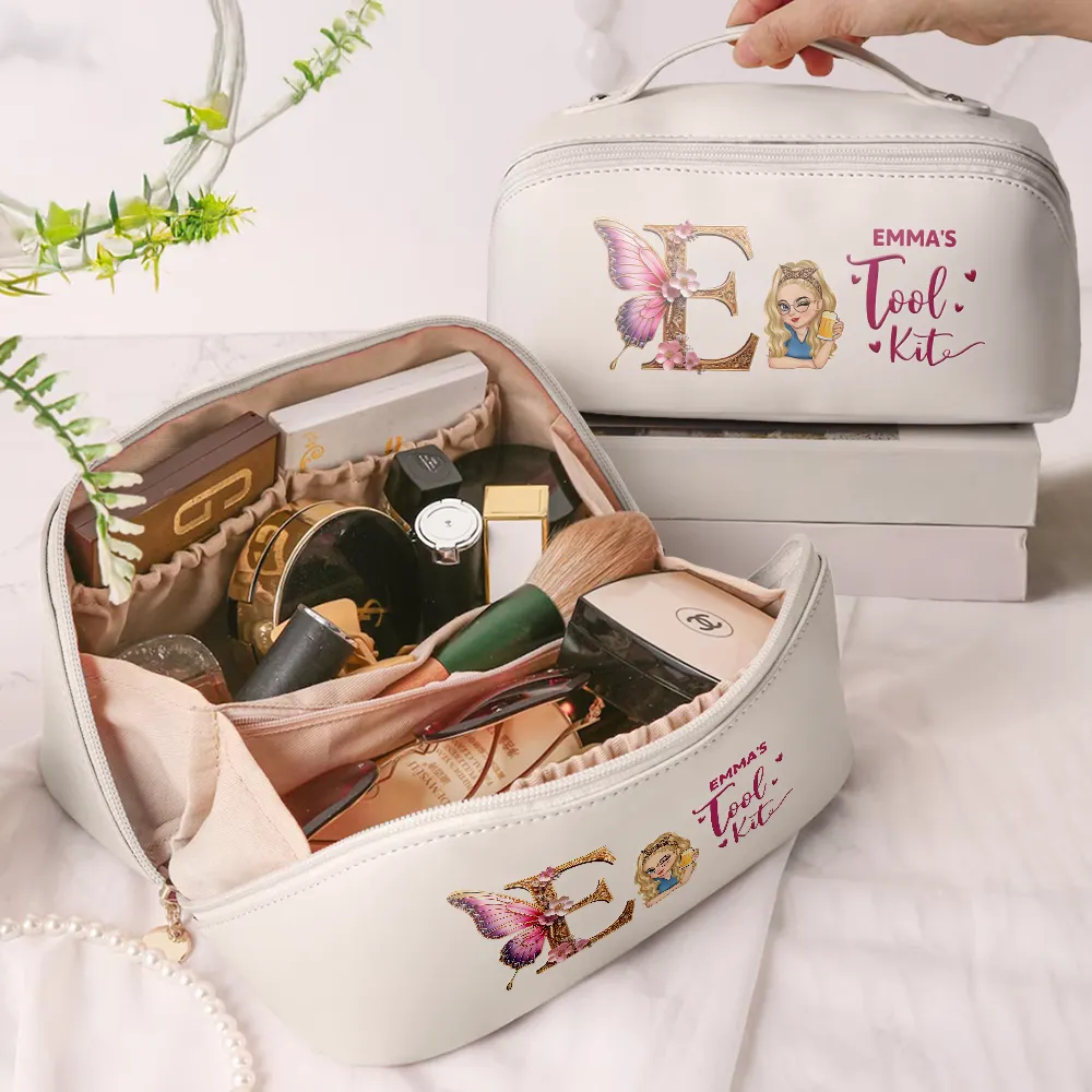 Flower Butterfly Monogram Little Reminder You're Beautiful - Personalized Leather Makeup Bag - Image 2