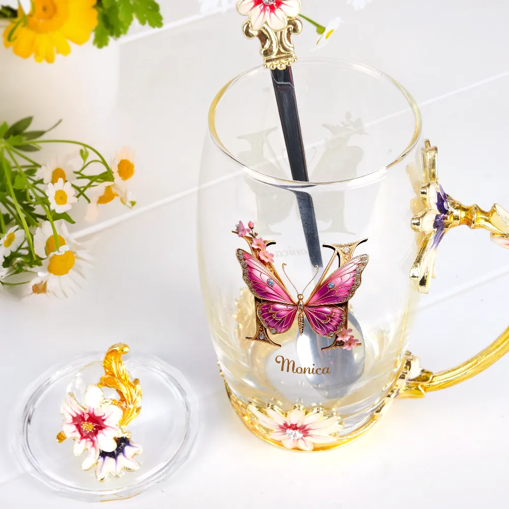Flower Butterfly Monogram - Personalized Glass Flower Tea Cup - Image 2