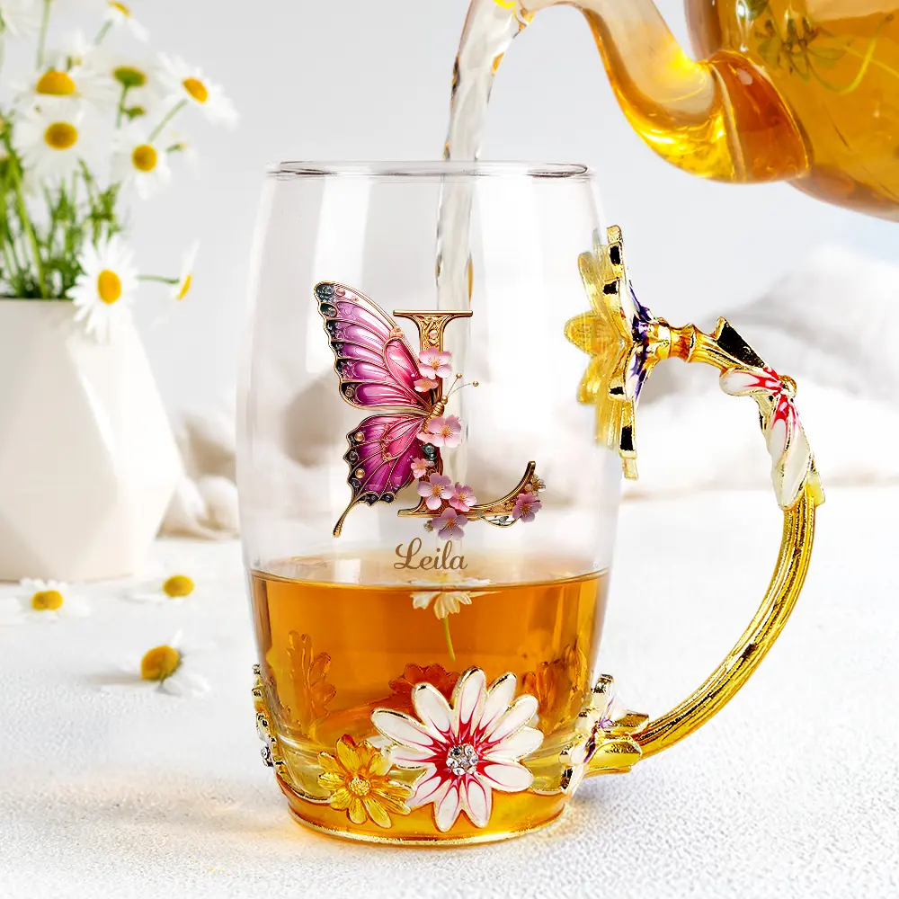 Flower Butterfly Monogram - Personalized Glass Flower Tea Cup - Image 4