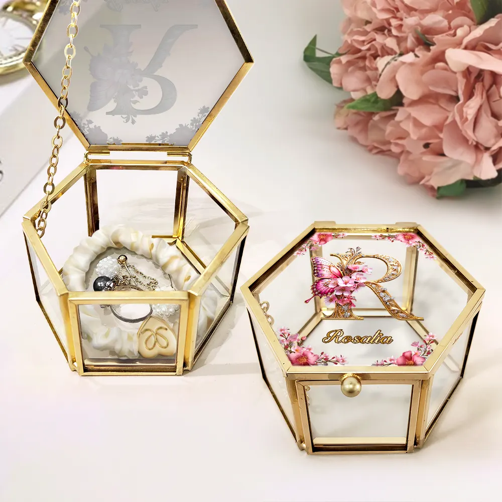 Flower Butterfly Monogram - Personalized Glass Jewelry Box - Image 2