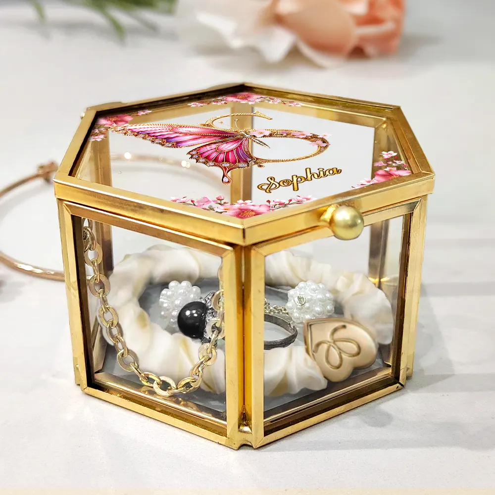 Flower Butterfly Monogram - Personalized Glass Jewelry Box - Image 3